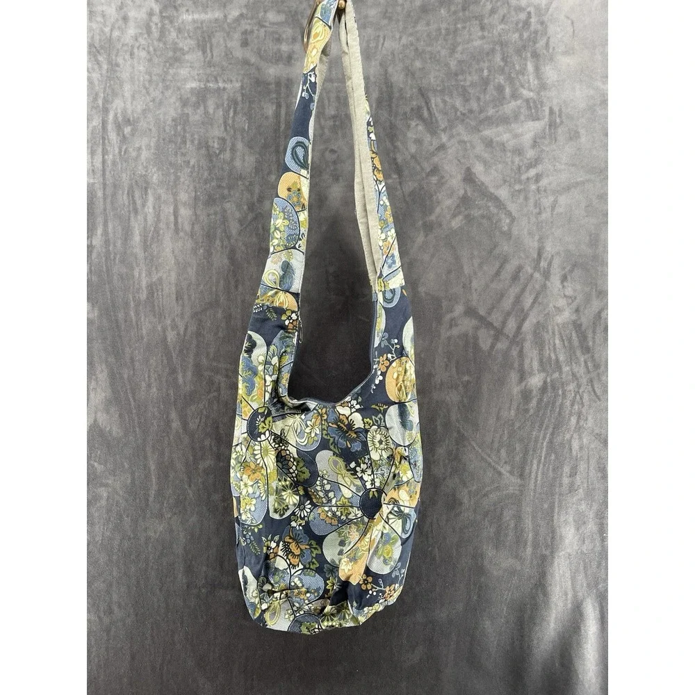 Boho Floral Cotton Sling Crossbody Hobo Bag Blue Hippie Festival Zip Purse